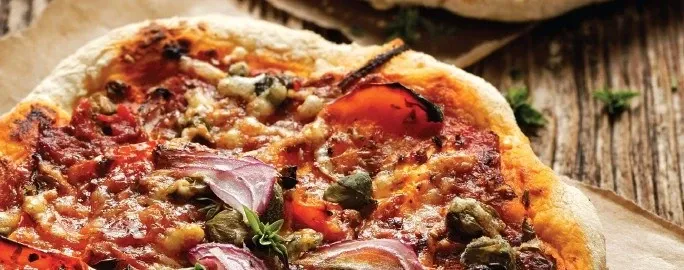 TOA homepage pizza recipe image of fresh baked pizza